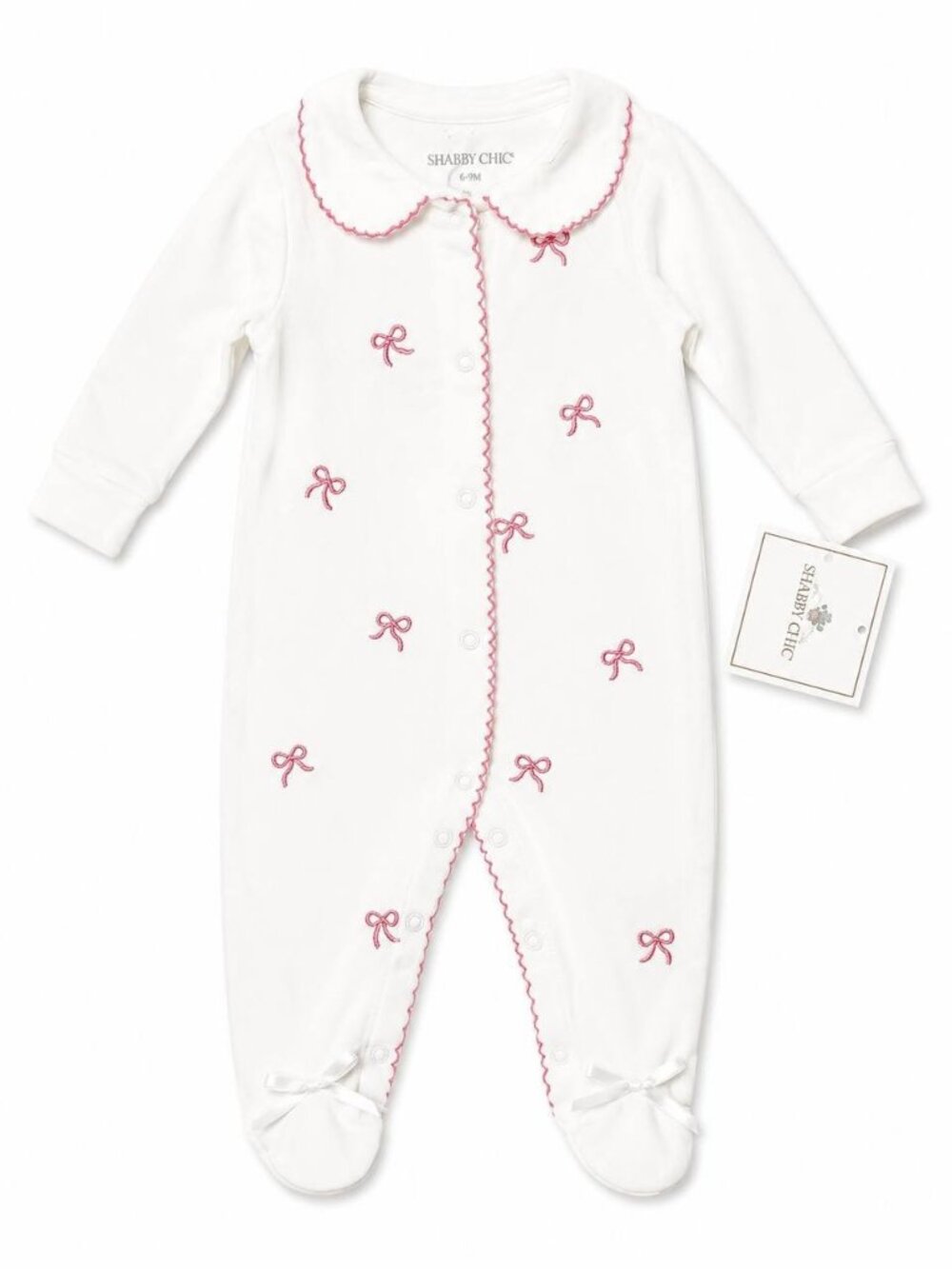 Shabby Chic Baby Girl 6-9M Ivory Velour Footed Sleeper Pink Bows Snap NWT